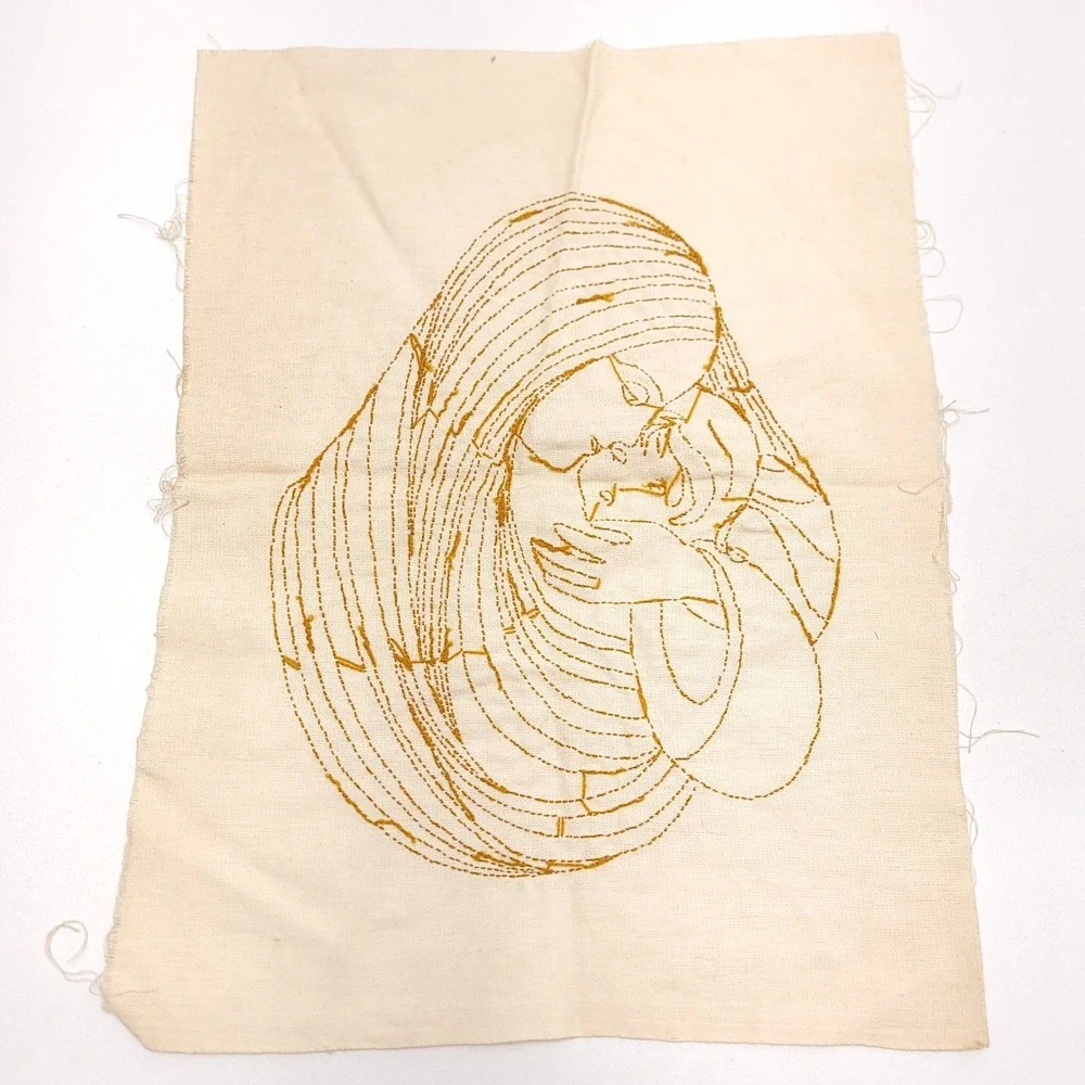 Vintage Mother and Child Hand Embroidered Textile Art Gold Thread MCM‎ 13x18